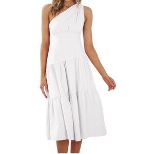 KIRUNDO White Gathered One Shoulder Diagonal Tiered Ruffle Toga Summer Dress, M